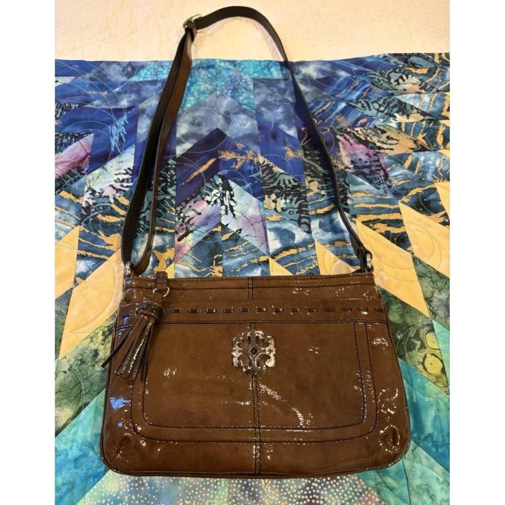 BRIGHTON Patent Leather Purse Olive Green Shoulder Bag Wallet Hobo Retro - Picture 1 of 16